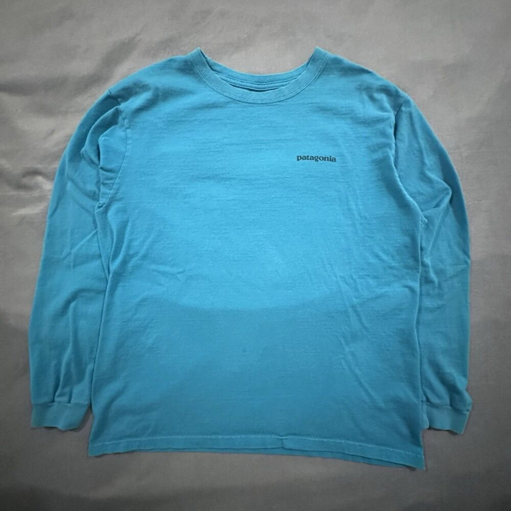 Patagonia P-6 Shirt Mens M Organic Cotton Long Sleeve Tee Teal Hiking Outdoors